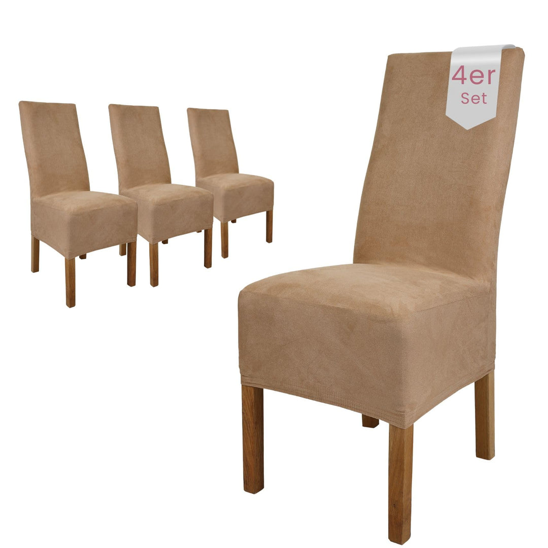 SCHEFFLER-Home Stuhlhussen 4er Set Leon Beige/elastische Wildleder Hussen für Stühle/Robustes Freisc