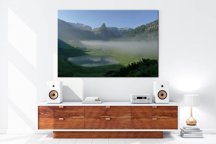 Funtensee im Nebel im Format: 80x60 als Leinwandbild, Motiv fertig gerahmt auf Echtholzrahmen, Hochw