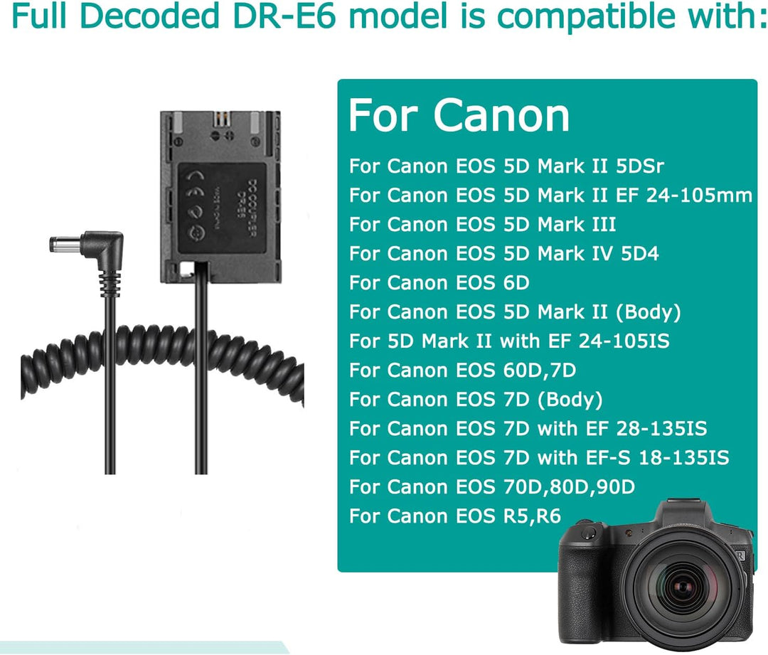 NP-F Akku-Adapterplatte mit Dummy-Akku DR-E6 LP-E6 LP-E6N für Canon EOS 5D Mark II III 6D 70D 5DSR 7