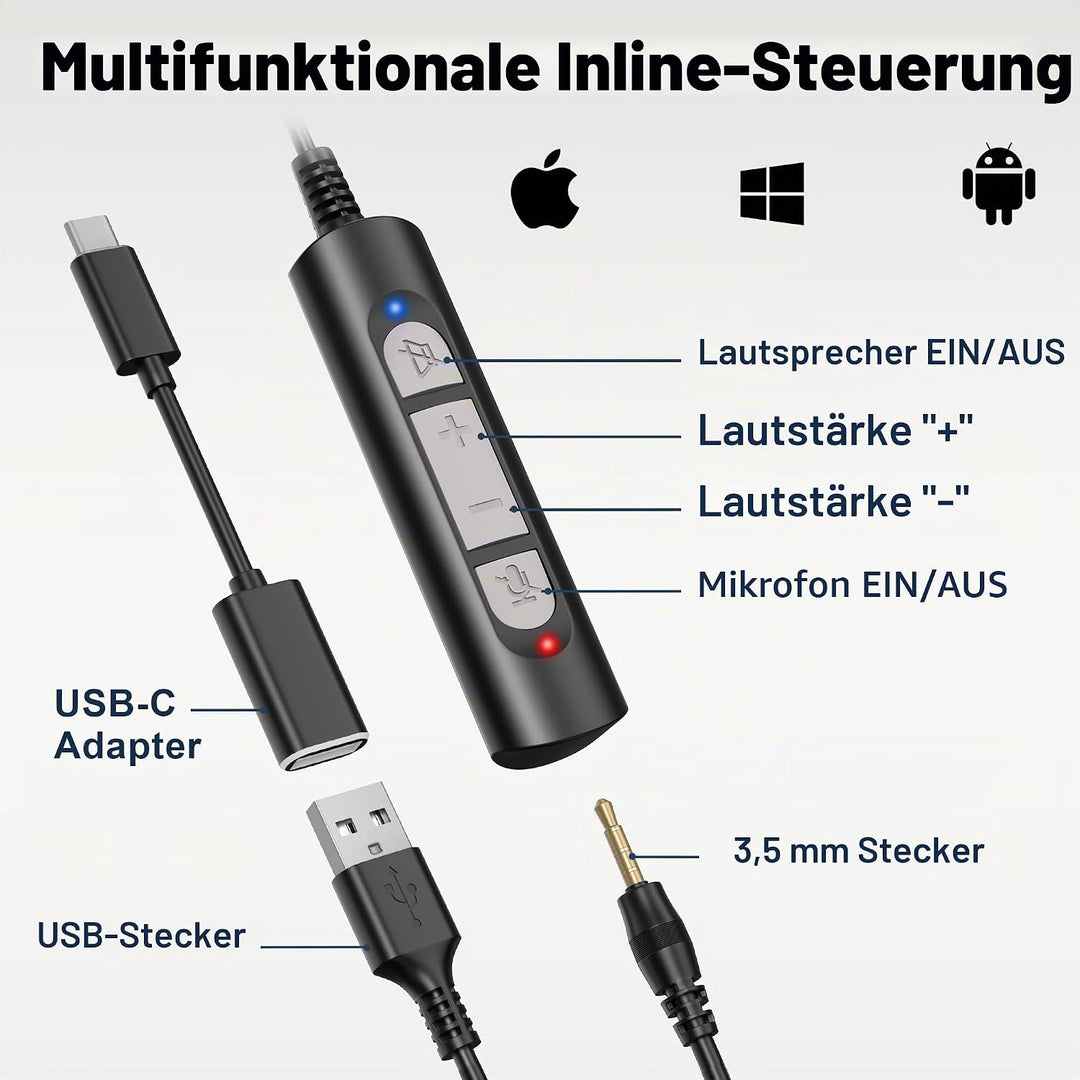 Wantek PC-Headset mit Mikrofon,USB/3,5-mm/Type-c-Anschluss 3 In-1 USB Headset, Kabelgebundene & Raus