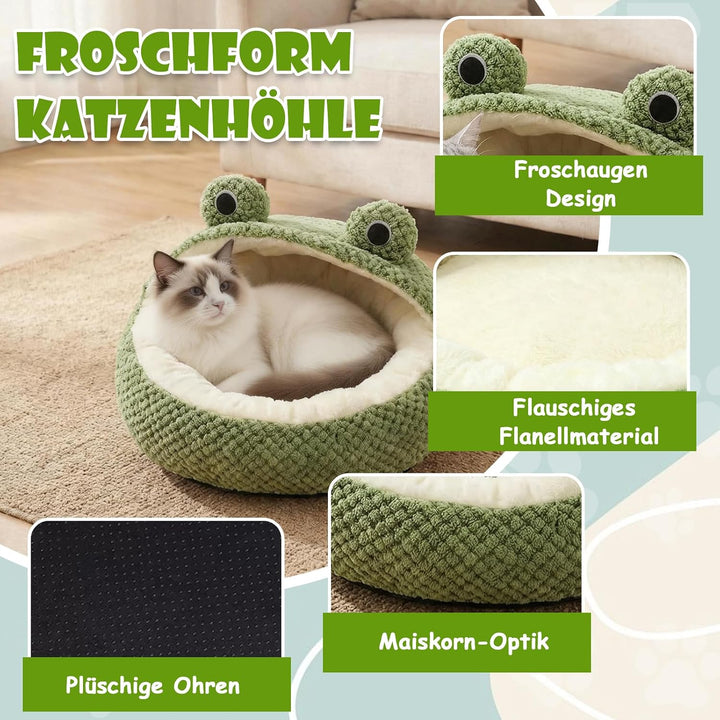 Froschform Katzenhöhle 40cm, Warmes Katzenbett Kuschelhöhle Waschbar | Niedliches Froschdesign mit w