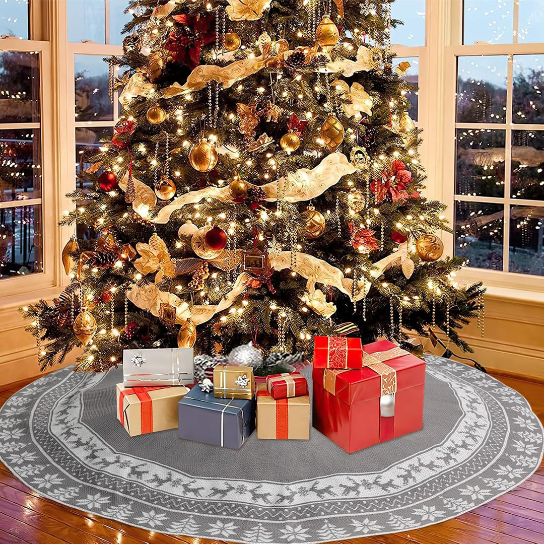 Weldomcor Weihnachtsbaum Rock 90cm Gestrickte Weihnachtsbaumdecke Pad Runde Elch Schneeflocken Gross