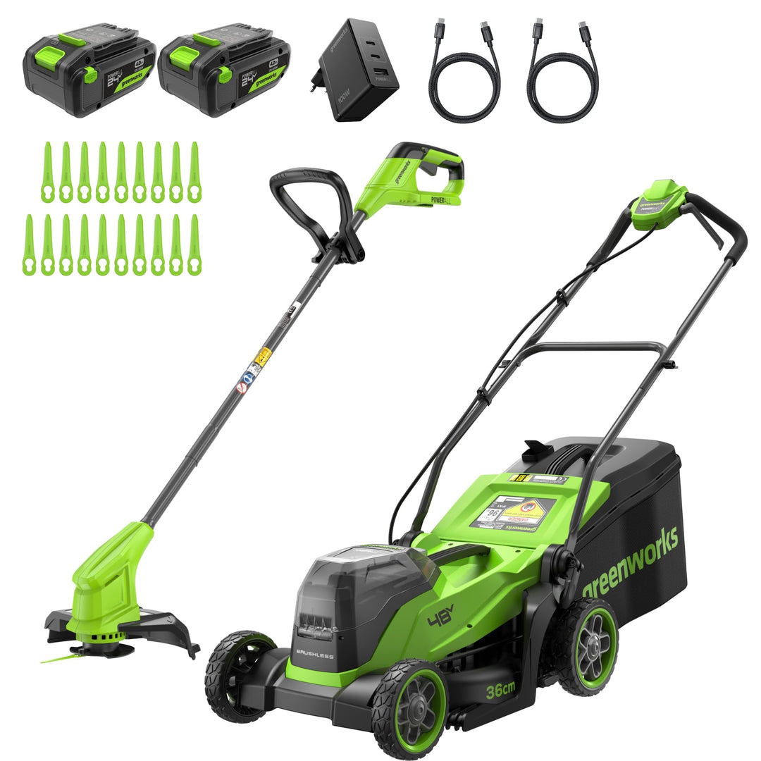 Greenworks 48V (24V x 2) Akku-Rasenmäher,36 cm Schnittbreite, bis 400 m², kabelloser Rasentrimmer mi