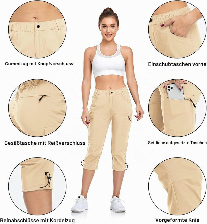 GymBrave Wanderhose Damen 3/4 Trekkinghose Stretch Leiche schnell trocknend Cargo Caprihose Sommer O
