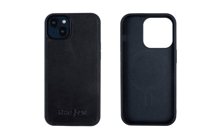 HANS/SON Echtlederhülle für iPhone 14 Plus | Schwarzes Ledercase | 6,7 Zoll | Schmal | Stossfest | L