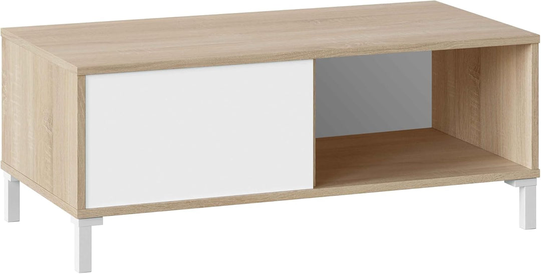 Wohnzimmer-Couchtisch mit einer Schublade und einem Tagesfach, Farbe Weiss und Eiche, 100 x 40 x 50