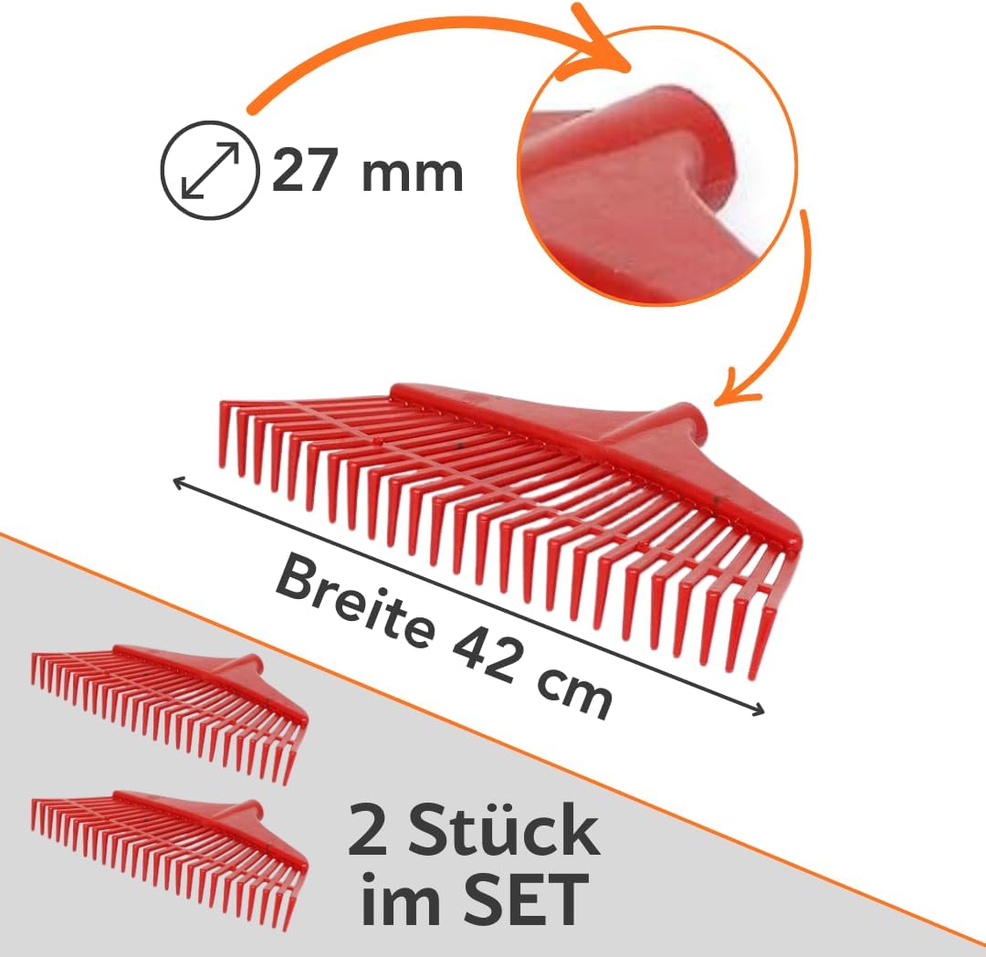 2 STK. Rechen 42 cm – Kunststoff Laubrechen 29 Zinken Gartenrechen für Stiel Ø 27mm, für Erde Kompos