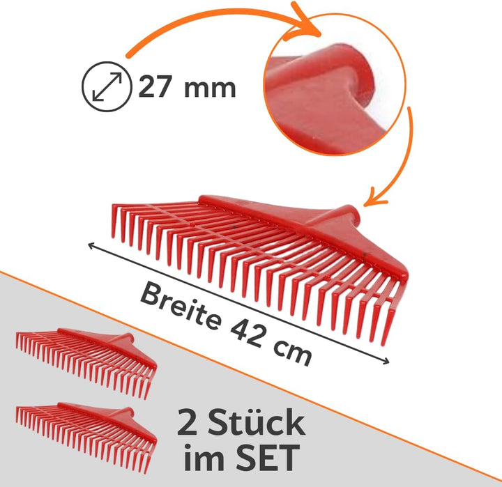 2 STK. Rechen 42 cm – Kunststoff Laubrechen 29 Zinken Gartenrechen für Stiel Ø 27mm, für Erde Kompos