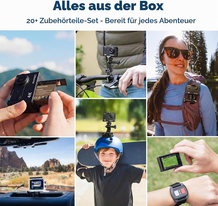 AKASO Action Cam,4K30FPS 20MP WiFi Unterwasserkamera 170°Ultra Weitwinkel Full HD Action Kamera mit