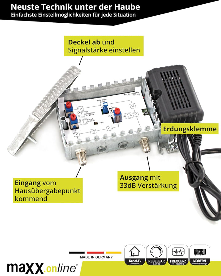 maxx.onLine Antennenverstärker für Kabelfernsehen 33 dB Verstärkung mit Rückkanal 1 GHz, DVB-T2, Hau