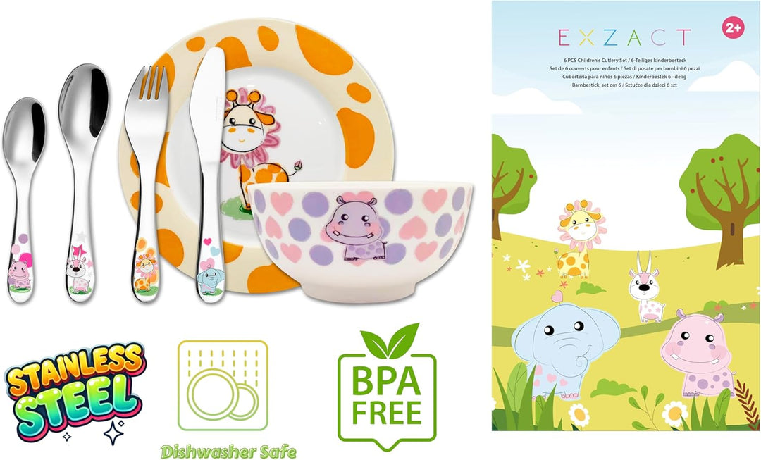 Exzact Besteck Geschenkset 6 Stücken aus Edelstahl/Kindergeschirr - 1 x Schale, 1 x Teller, 1 x Tafe