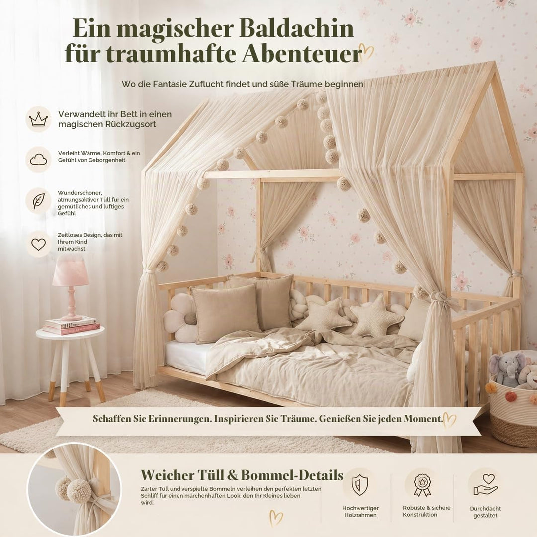 Baby Fancyroom Betthimmel für Hausbett, Bettvorhang aus Tüll, Beige, 2er Set mit Schleifen und Pompo