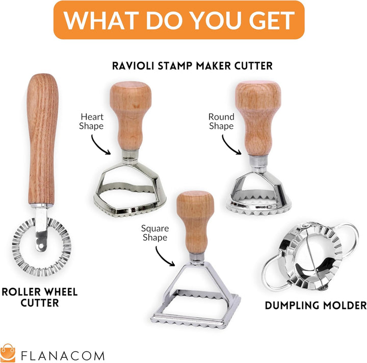 Ravioli Ausstecher Set mit Teigtaschenformer und Teigrädchen - aus hochwertigem Buchenholz und rostf