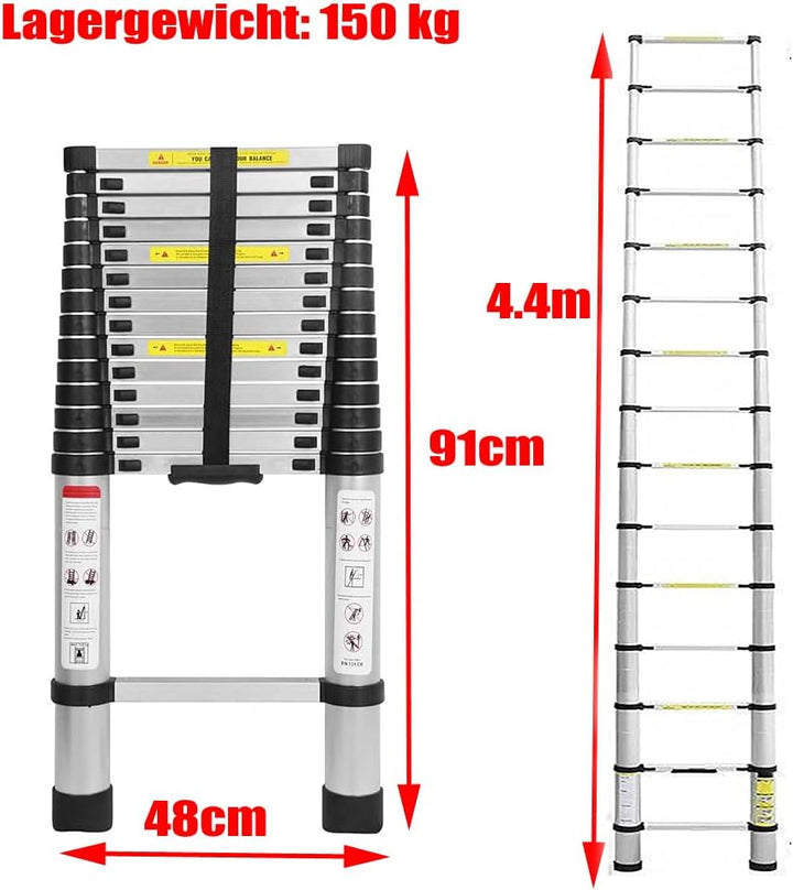 4,4M Teleskopleiter, Mehrzweckleiter Aluminium, 150 kg/330 Pfund Belastbarkeit, Ausziehbar Aluleiter