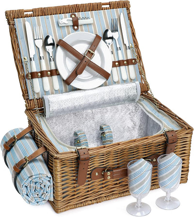 Picknickkorb Set für 2 Personen, Weidenkorb mit grossem isoliertem Kühlfach, wasserdichter Decke und