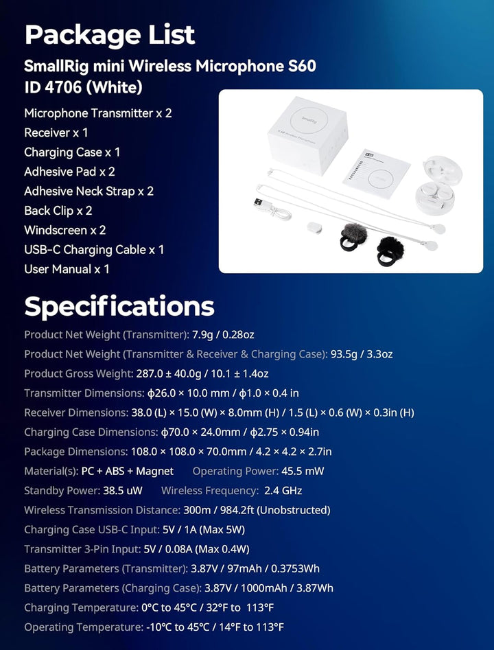 SMALLRIG S60 Kabellos Lavalier Mikrofon mit USB C Handy Mikrofon für iPhone, Android, Mini-Mikrofon