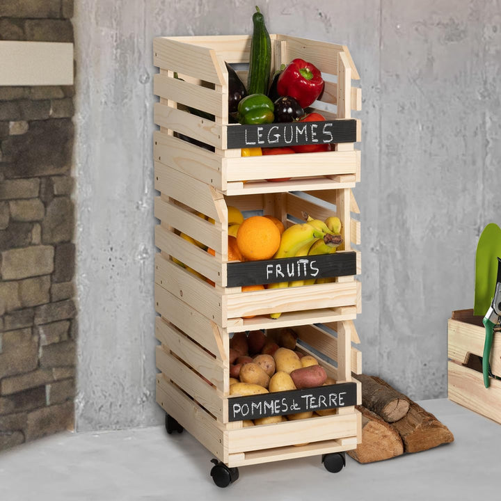 IDMarket - Set aus 3 stapelbaren Holzregalen für Obst und Gemüse