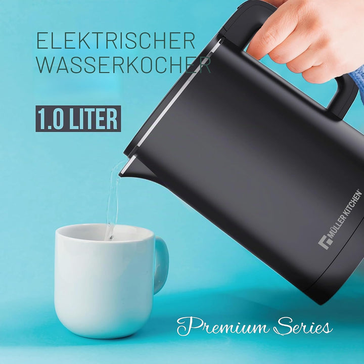 Muller Kitchen MK-6061 Elektrischer Wasserkocher, 1 l, 1000 W, doppelwandig, 360-Grad-Drehfuss, auto