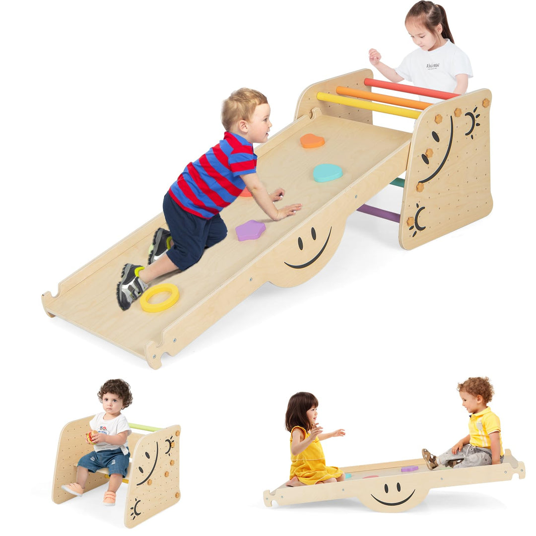 COSTWAY Kletterdreieck mit Rutsche, 6 in 1 Klettergerüst Indoor, inkl. höhenverstellbarem Tritthocke