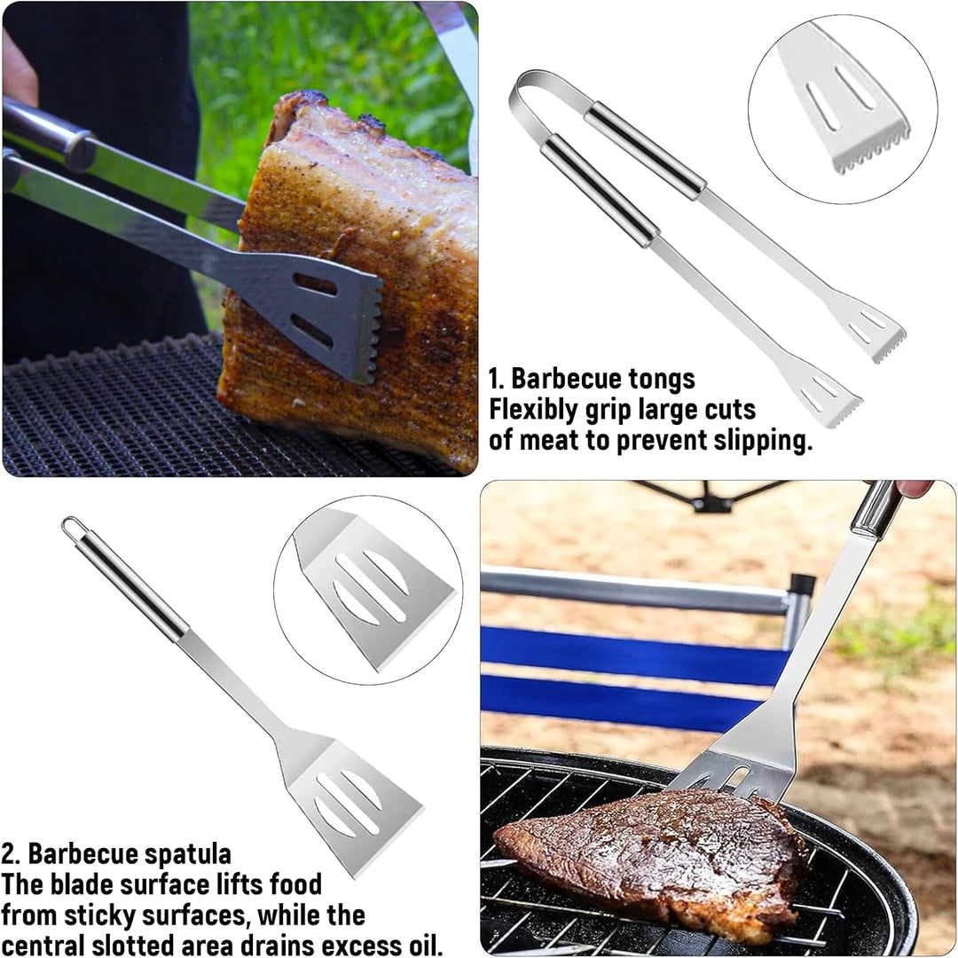 7 Stücke Grillbesteck Set Grillzubehör mit Edelstahl-BBQ-Set (Grillzange, Grillwender, Grillgabel, 4