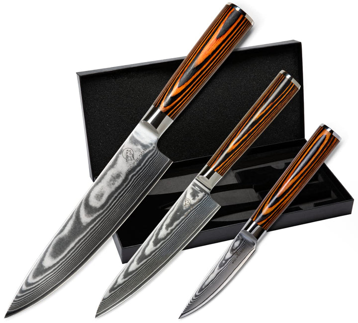 Wolfblood Damastmesser-Set 3er (32cm, 26cm und 20cm) Profi-Damast-Küchenmesser Set aus 67 Lagen Dama