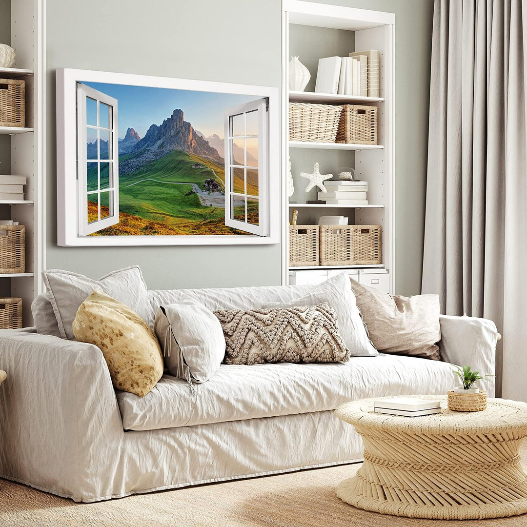 PICANOVA – Bild auf Leinwand Felsiger Berg Fenster 120x80cm Leinwandbild – Premium Leinwanddruck – W