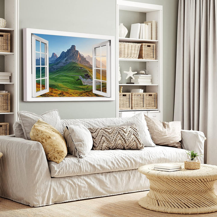 PICANOVA – Bild auf Leinwand Felsiger Berg Fenster 120x80cm Leinwandbild – Premium Leinwanddruck – W