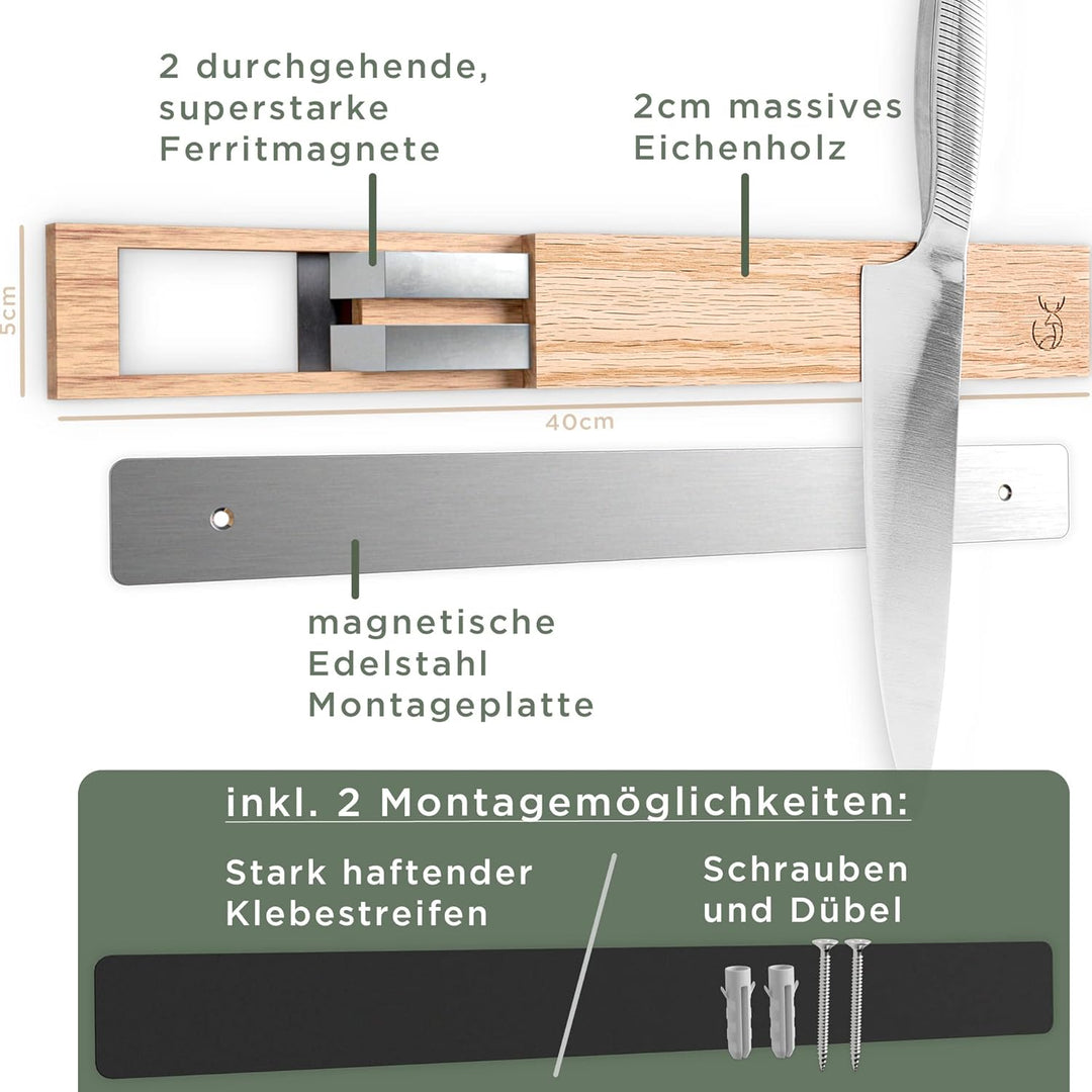 WALDWERK Magnetleiste Messer (40x5cm) - Magnetleiste aus edlem Eichenholz - Messerhalter magnetisch
