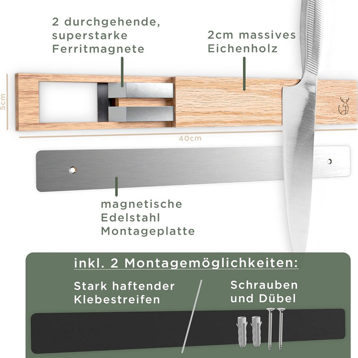 WALDWERK Magnetleiste Messer (40x5cm) - Magnetleiste aus edlem Eichenholz - Messerhalter magnetisch