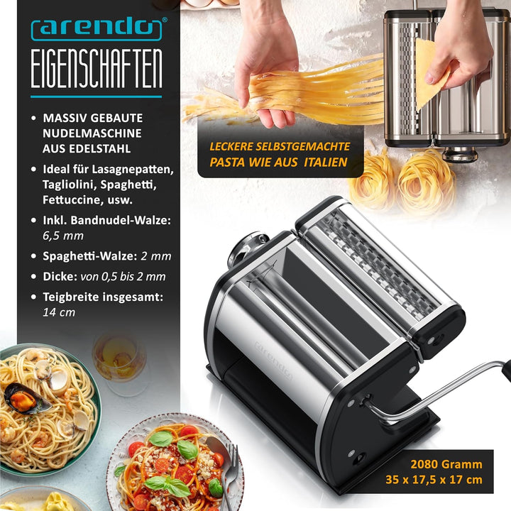 Arendo - Nudelmaschine Pasta Maker – Edelstahl – Nudelpresse – 7 einstellbare Stärken - manuell - Du