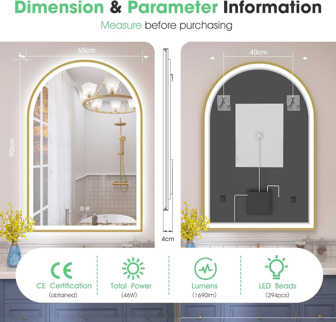 S'bagno Badspiegel mit Beleuchtung 60x90 cm, LED Badezimmerspiegel mit Aluminiumrahmen, Nebelfrei, 3