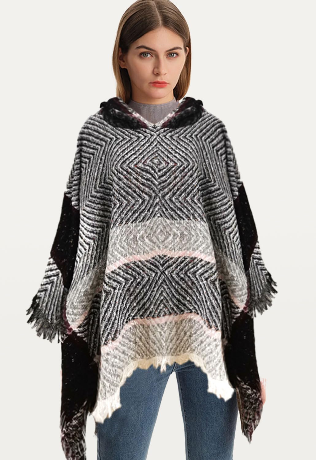 JFAN Knitted Ponchos With Fringes For Women Strick Ponchos Capes Hooded Scarf Warm Poncho Hellgrau,