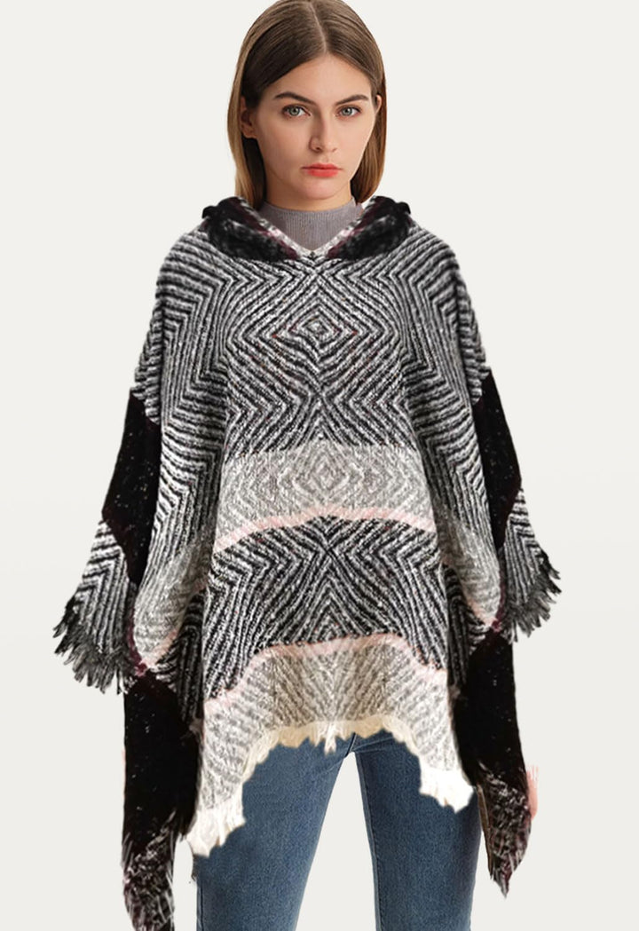 JFAN Knitted Ponchos With Fringes For Women Strick Ponchos Capes Hooded Scarf Warm Poncho Hellgrau,
