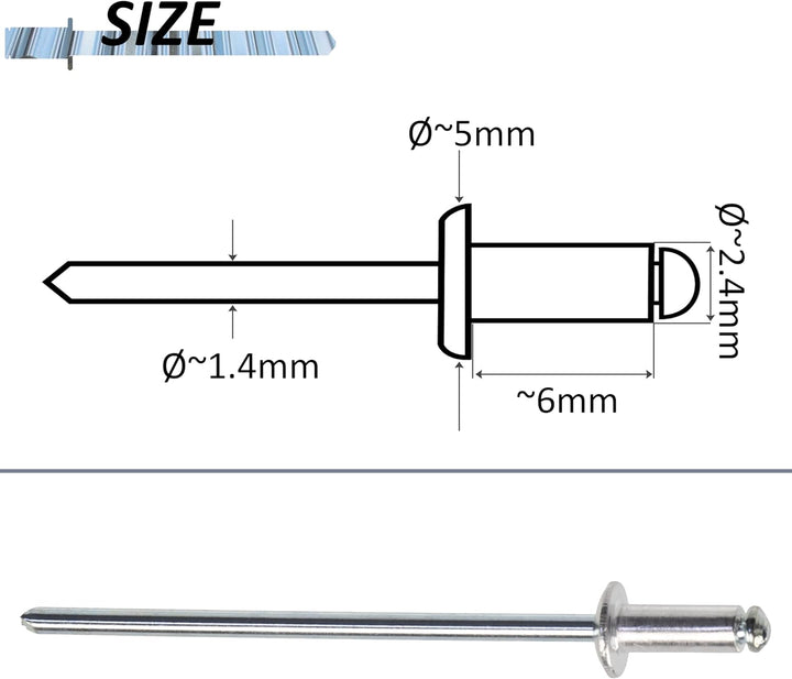 AERZETIX - C48088 - Satz von 100 Blindnieten standard blindniet Ø2.4x6mm aluminium stahl - DIN 7337