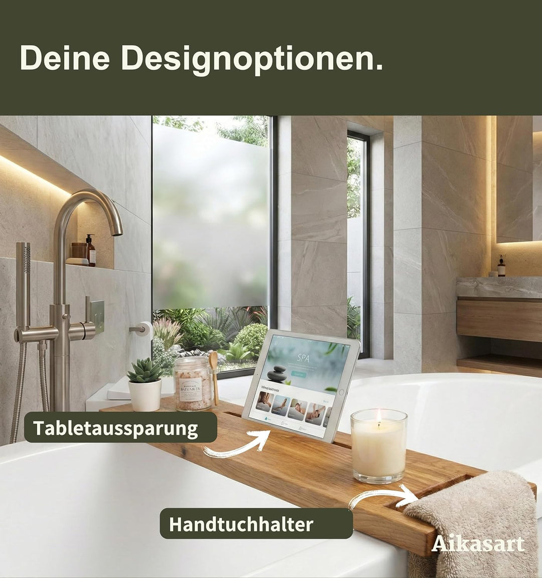 Badewannenablage Eiche mit Tablethalterung – Länge 50-180 cm – Wasserabweisend Dank natürlicher Öl-W
