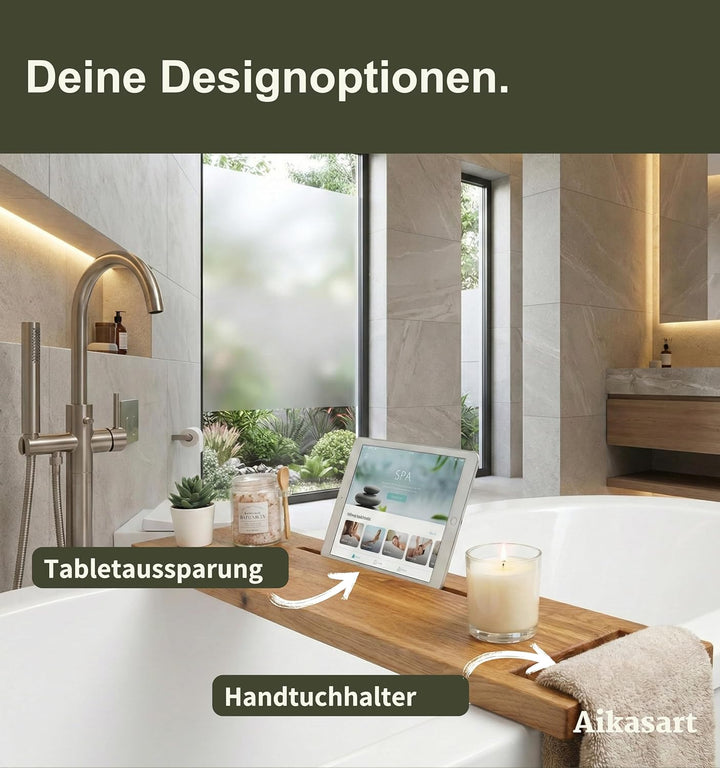 Badewannenablage Eiche mit Tablethalterung – Länge 50-180 cm – Wasserabweisend Dank natürlicher Öl-W