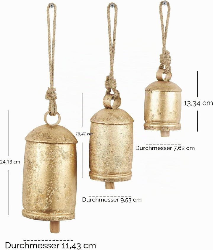 Deco 79 Dekorative Kuhglocken im tibetischen Stil aus Metall mit Jute-Hängeseil, 3er-Set, 25,4 cm, 2