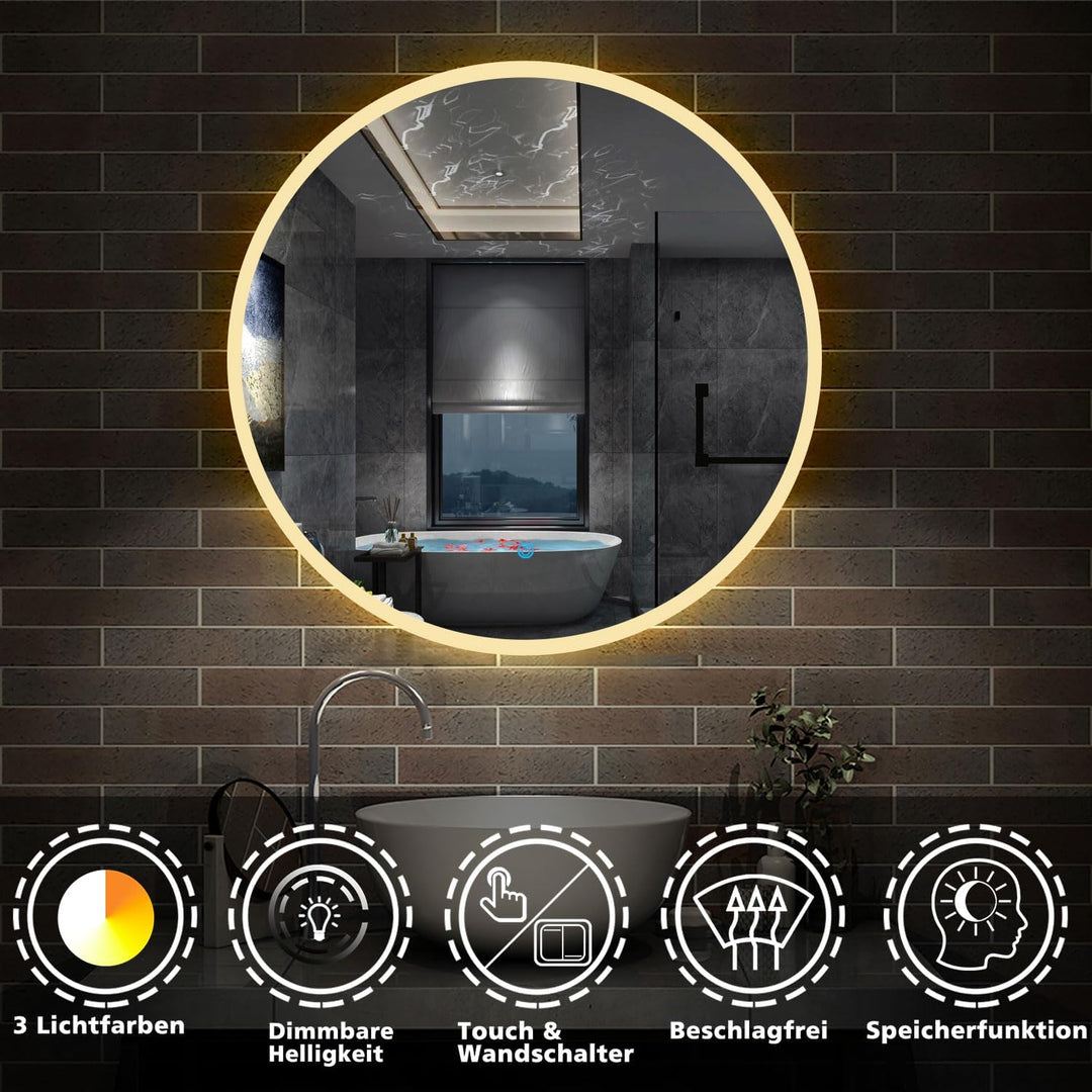 Aica Sanitär Runder LED Badspiegel Rund 80cm 3 Lichfarbe dimmbar Memory Wand/Touchschalter Anti-Besc