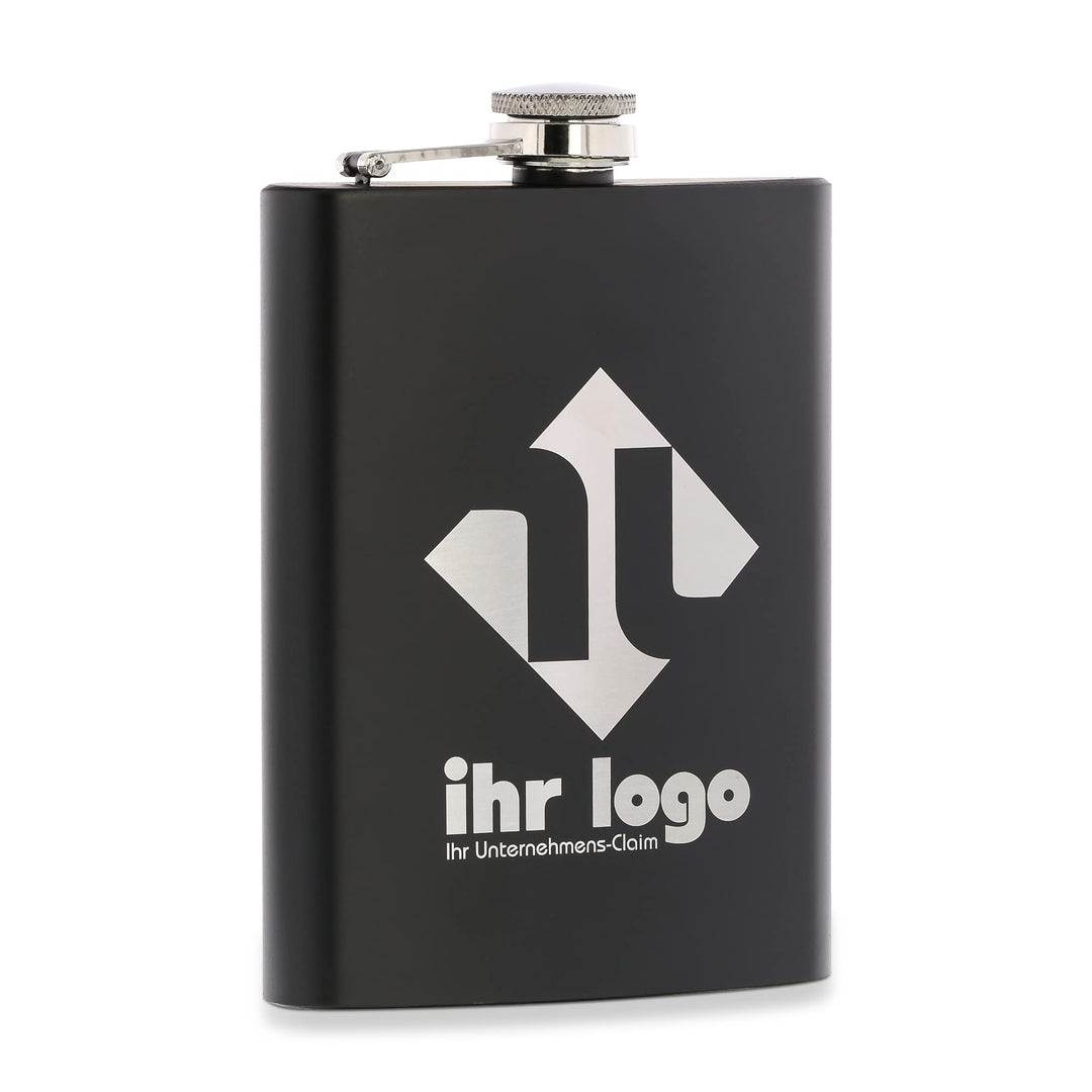 gravur-fabrik.de – personalisierbarer Flachmann in schwarz aus Edelstahl – Taschenflasche mit Wunsch