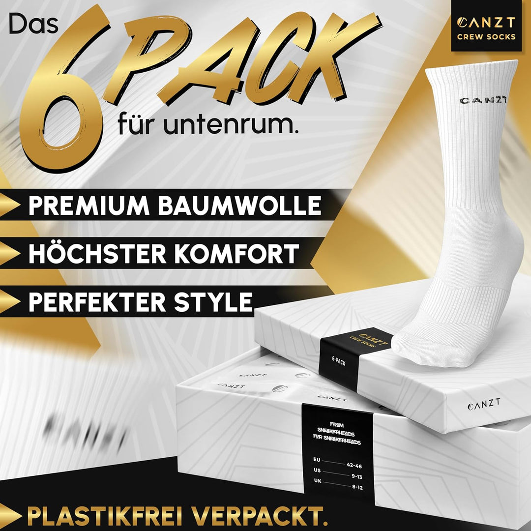 Canzt Weisse Crew Socks Tennissocken Herren & Damen 6er Set 43-46 Baumwolle