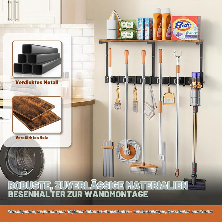 VINCOURNA Besenhalterung Wand, Besenhalter mit 6 Halter und 4 Haken, Wandhalterung Besen mit Regal,