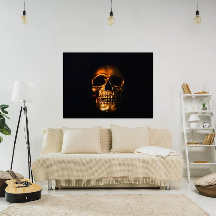 wandmotiv24 Leinwand-Bilder Totenköpfe, Grösse 60x45cm, Querformat, Totenkopf in Gold, Knochen, Dunk