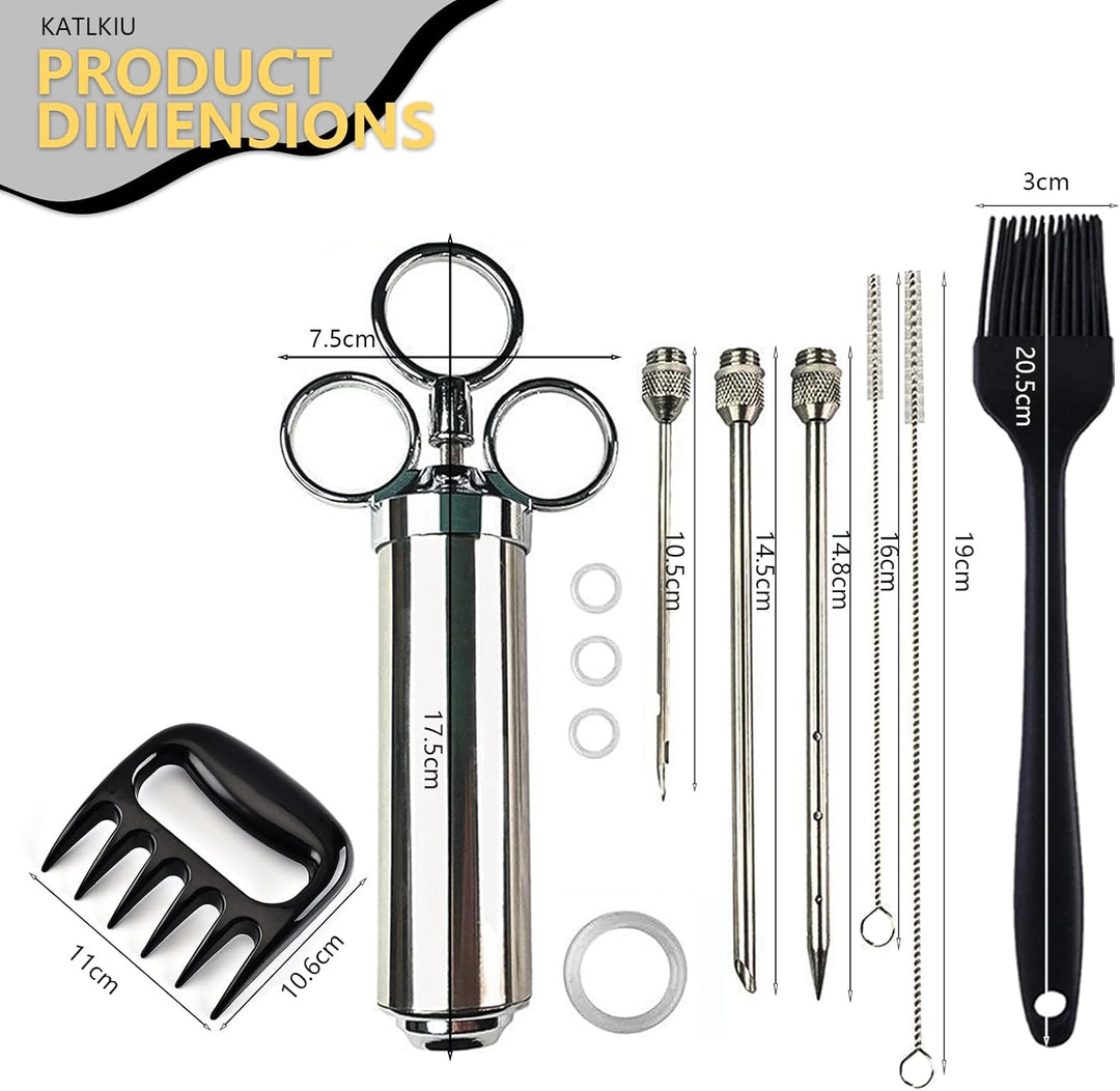 KATKLIU Fleischspritze Set aus Edelstahl 60ml mit 3 Nadeln – BBQ Marinadenspritze und Bratenspritze