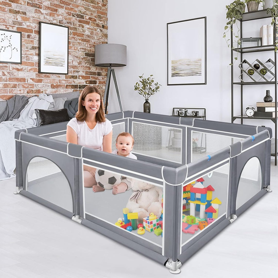 Baby Laufstall grosse grau Laufgitter Absperrgitter mit stabilem Saugnapf spielzaun transparent und