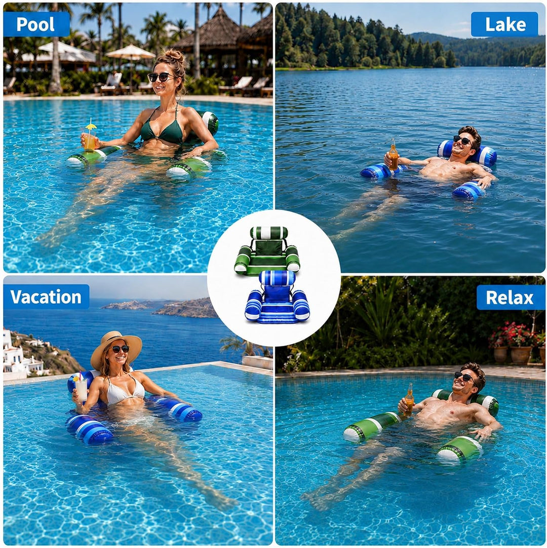 Pool Sitz Aufblasbar 2er, Schwimmsitz Erwachsene, Pool Liegestuhl im Wasser Blau-grüne Streifen, Bla