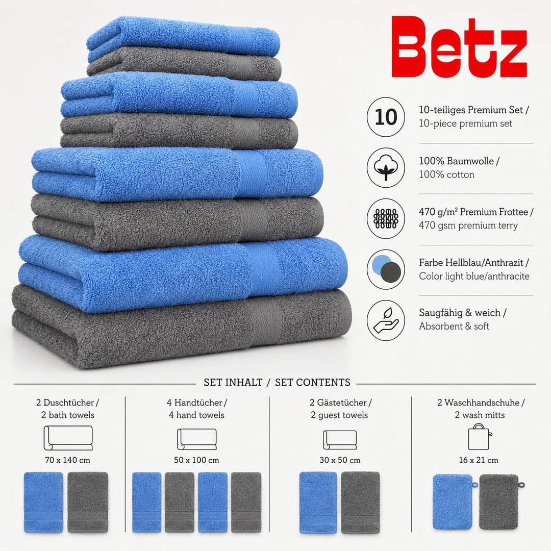 Betz 10-TLG. Handtuch-Set Premium 100% Baumwolle 2 Duschtücher 4 Handtücher 2 Gästetücher 2 Waschhan