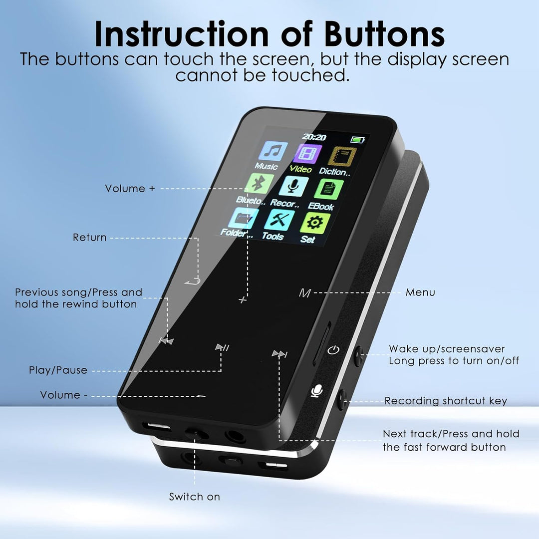 24GB MP3 Player mit Bluetooth, 1,8 Zoll HD Touchscreen, Musikplayer mit HiFi Lautsprechern, FM Radio