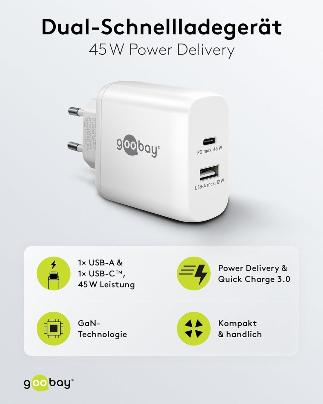 Goobay 65412 Dual Ladegerät 45W / USB-C &amp; USB-A Schnellladegerät Power Delivery/Ladenetzteil mit 2 U