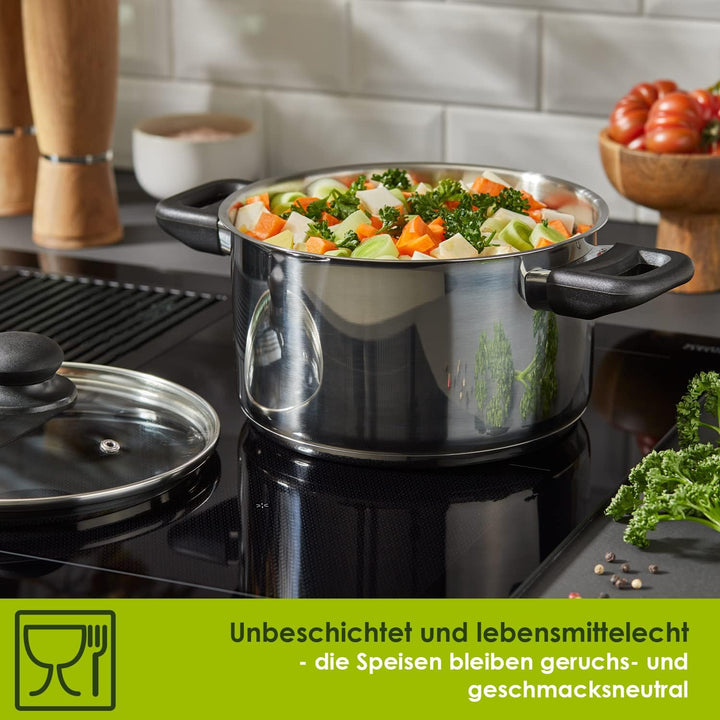 Level One Topf Kochtopf Fleischtopf 20 cm Induktion, Edelstahl unbeschichtet inkl. Glasdeckel | 11,5