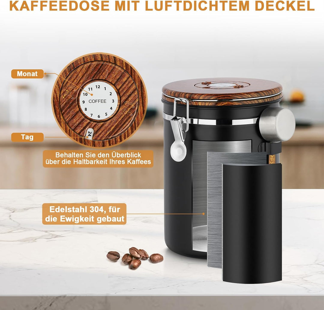 Kaffeedose Luftdicht 1kg Bohnen, 2,8 L Kaffeebohnenbehälter aus Edelstahl mit Deckel aus Holzmaserun